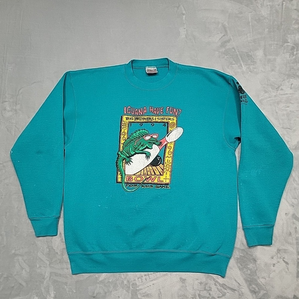 VTG Pizza Hut Sweatshirt Mens XL Teal 1994 Bowl For Kids Sake Iguana Made In USA